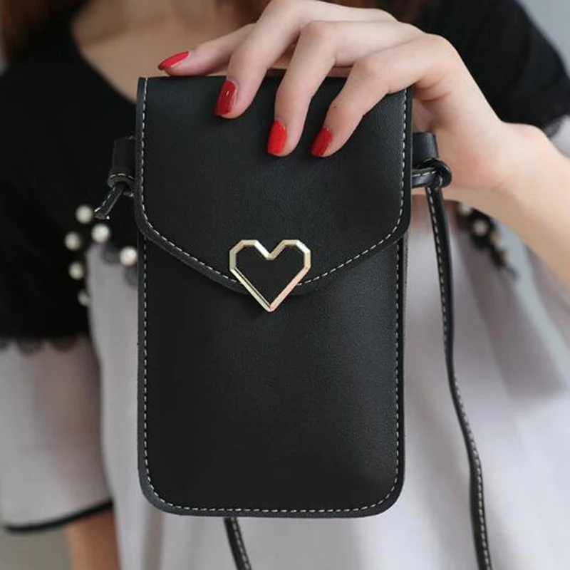 Women Shoulder Bag Heart Shaped Decoration Mobile Phone Pouch Large Capacity Practical Small Flap Purse Female Mini Wallets