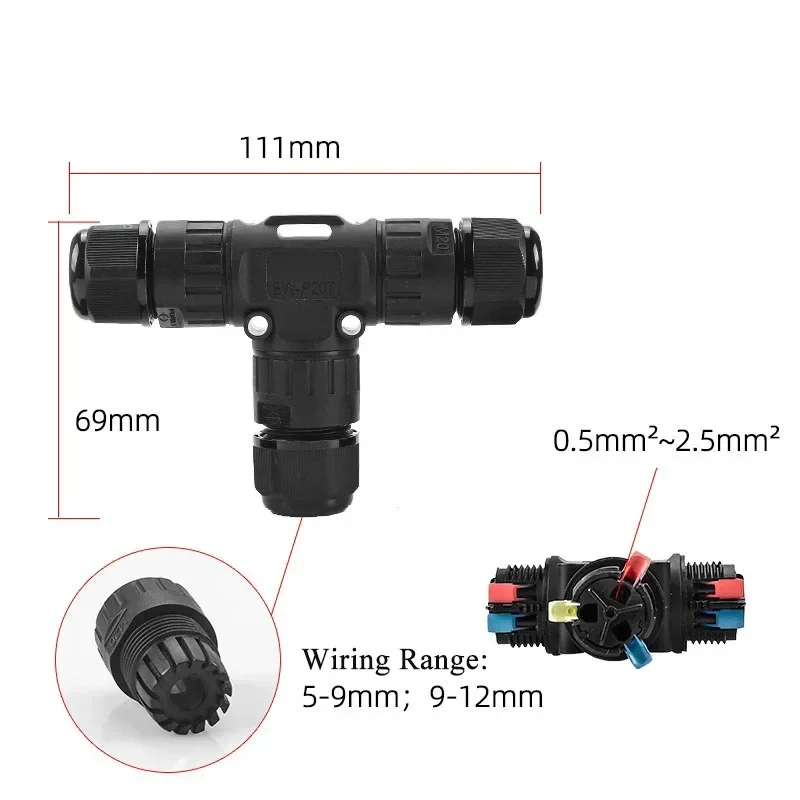 Waterproof 2 3 Pin T-type Cable Connector IP68 Screw-free 3 Way Outdoor Junction Box P20 5-12MM Quick Connect LED Wire Joint