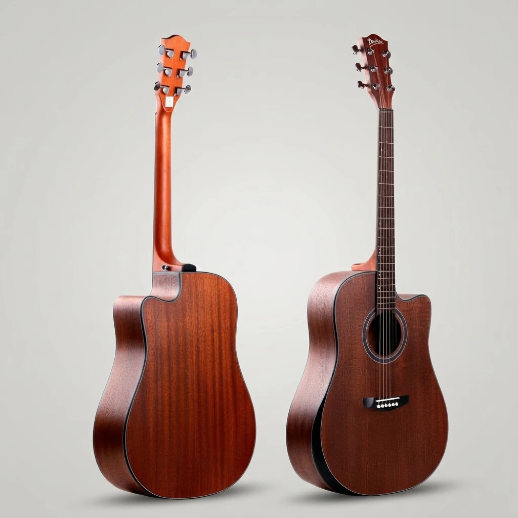 Dark Brown Satin Finish Dreadnought Cutaway Acoustic Guitar 6 Strings Decorative Soundhole Rosette Black Bridge Die-cast Tuners