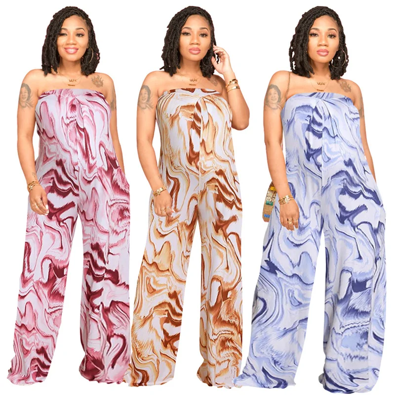 

Ink Printing Strapless Wide Leg Jumpsuit Women Loose Off Shoulder One Piece Romper Elegant Summer Overalls Mono Mujer Verano