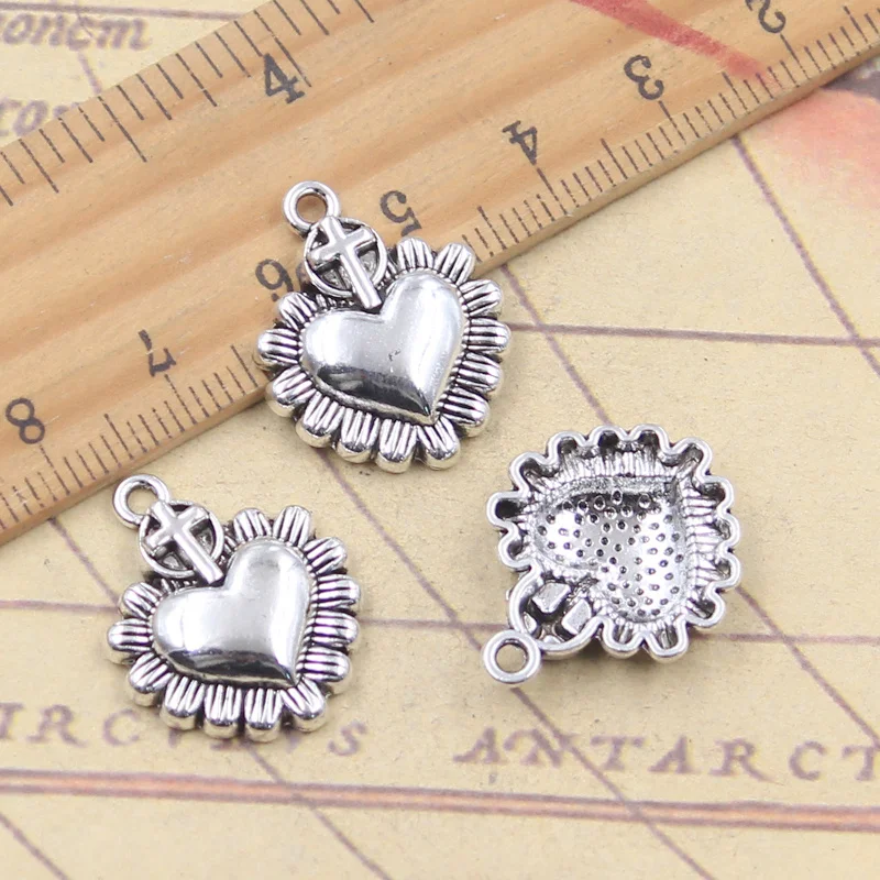 10pcs Charms Cross Flower Heart 22x18mm Antique Silver Color Pendants Tibetan Making DIY Handmade Craft Jewelry
