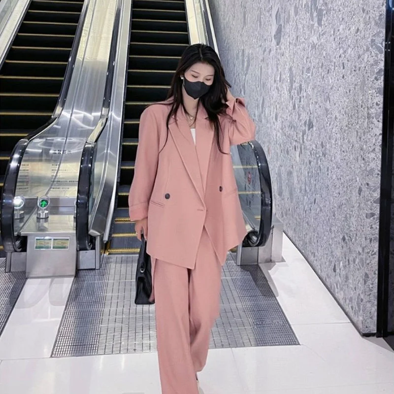 2023 Summer Pure Desire Wind Net Luxury Suit Women's Pink Silhouette Wide Leg Pants Two Piece Women Blazer Clothing Sets