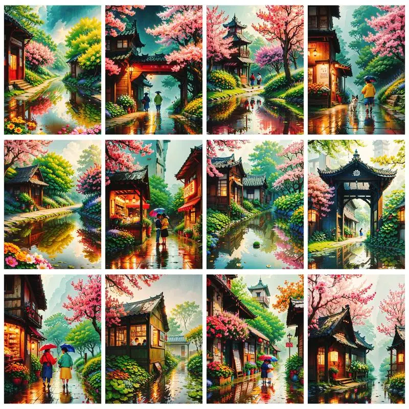 

RUOPOTY Painting By Numbers For Starter Kit Rainy weather in small town Handmade Landscape Wall Decor