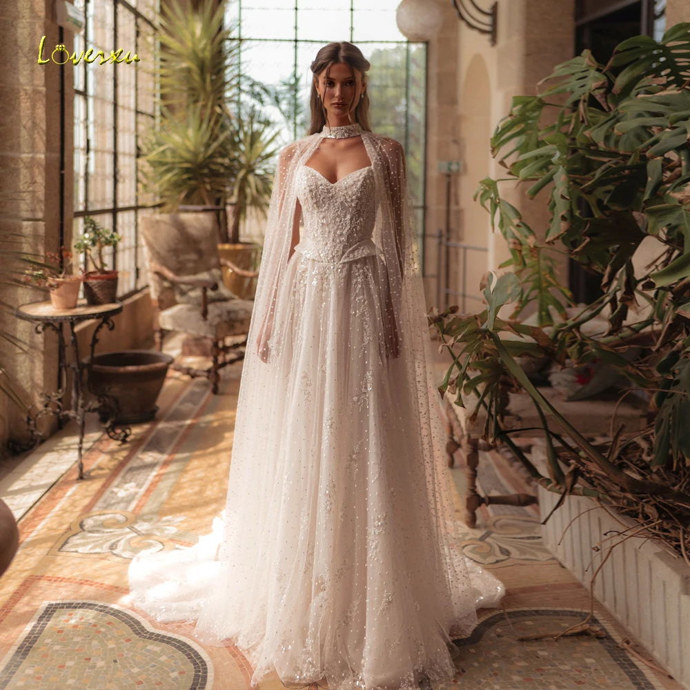 Loverxu A-Line Delicate Wedding Dresses Spaghetti Straps With Jacket Vestido De Novia Lace Beaded Shiny Custom Made Bridal Gown