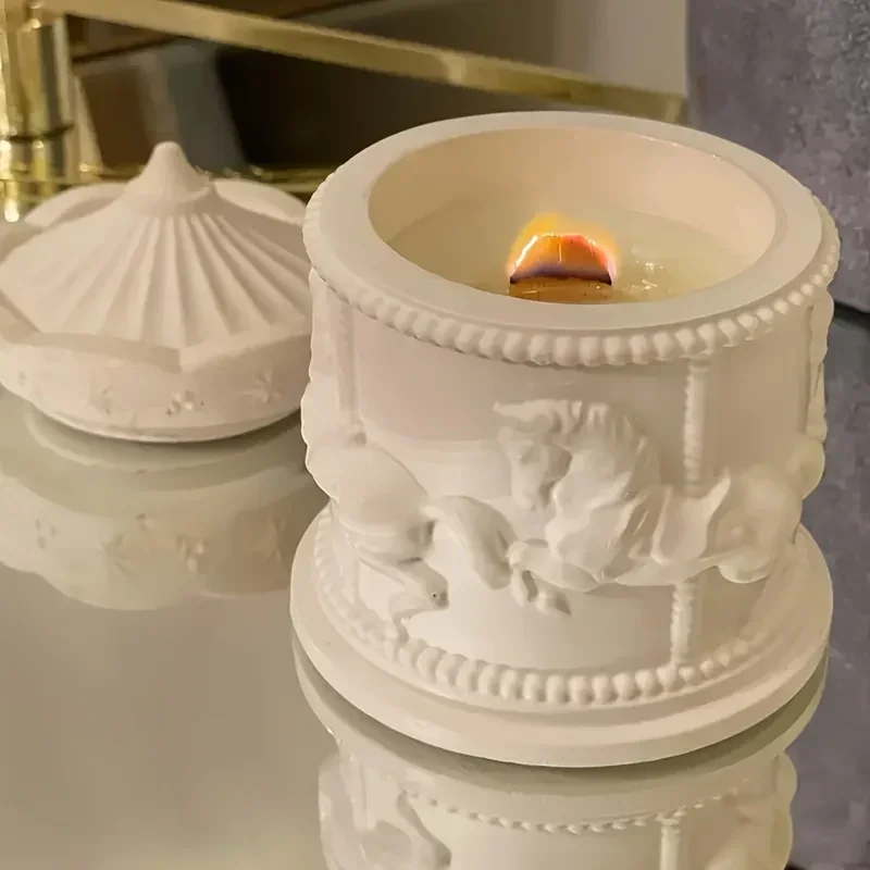 Concrete Carousel Candle Cup Silicone Mold DIY Gypsum Cement Carousel Candle Storage Silicone Resin Mold