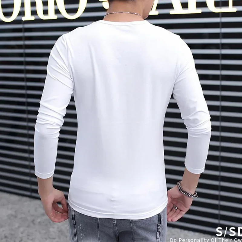 Men T-shirt Long Sleeve Solid Color Bottoming Shirts O-neck Pullover Tops Slim Fit Spring Autumn White Black Oversize Tees