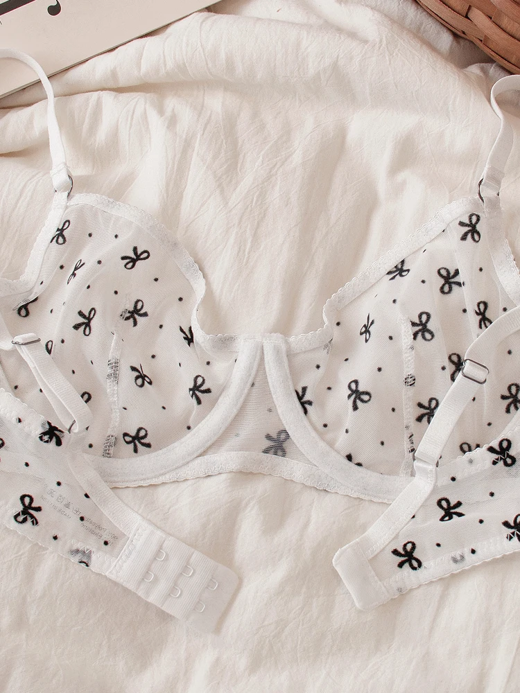 Sexy mesh small floral embroidery underwear set female thin section large breasts show small bra push up bralette