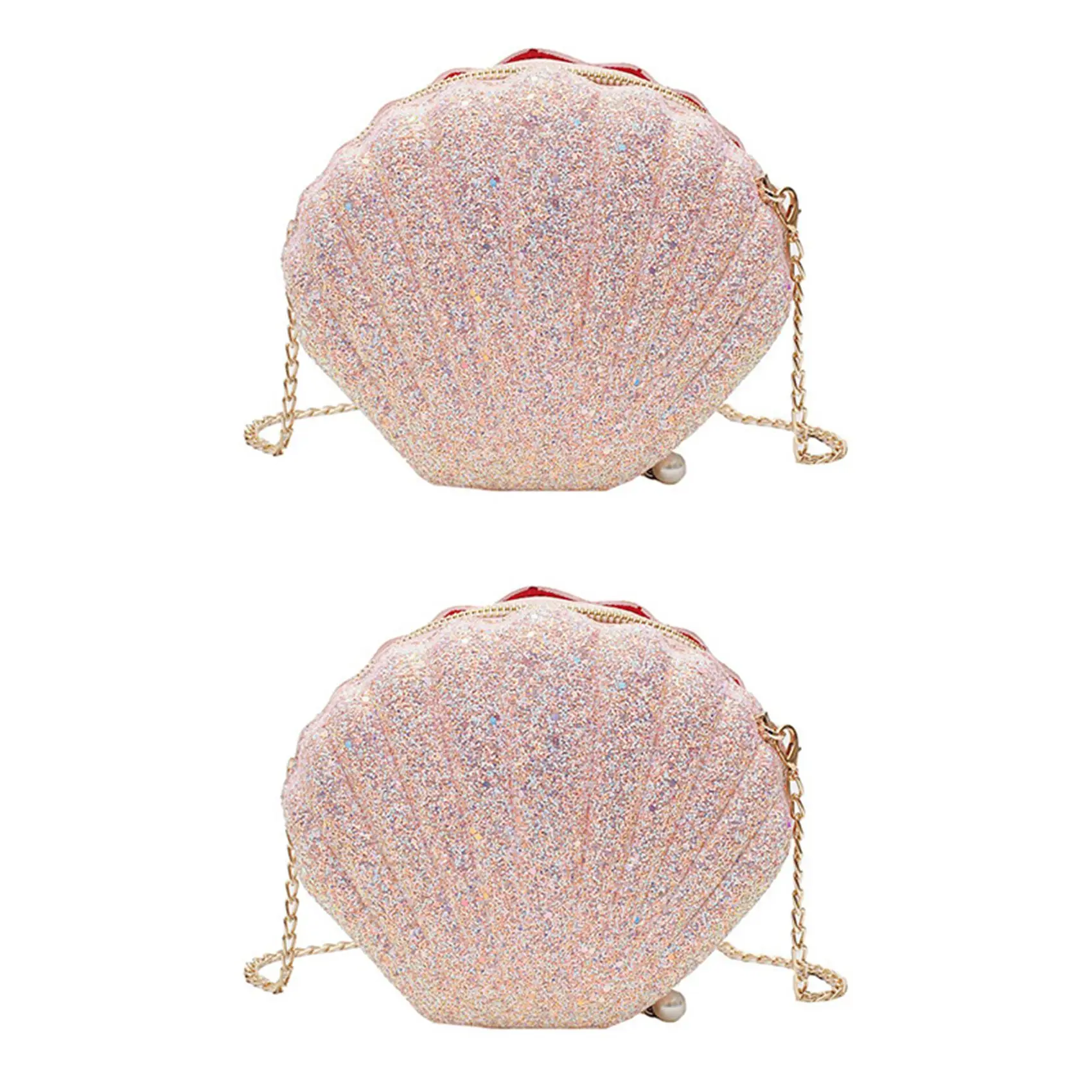 

NEW-2X Women Girls Little Mermaid Seashell Purse Cross-Body Shoulder Bags Glitter Sequins Chain Evening Purse, Pink