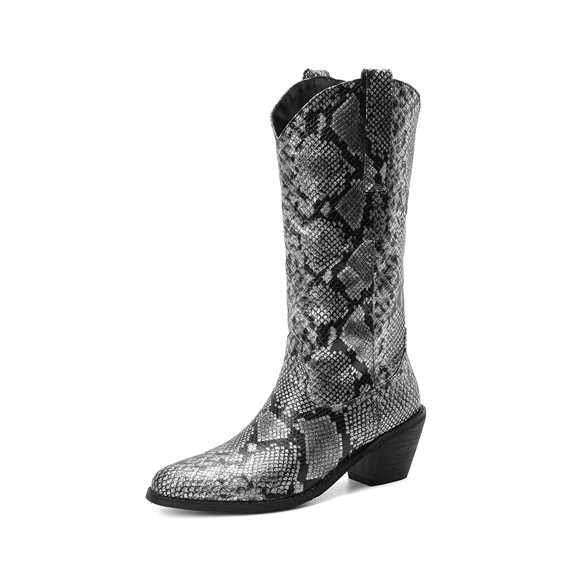 

Snakeskin Cowboy Western Boots for Women Retro Mid-Calf Cowgirl Booties Chunky Heels Pull On Tabs Shoes