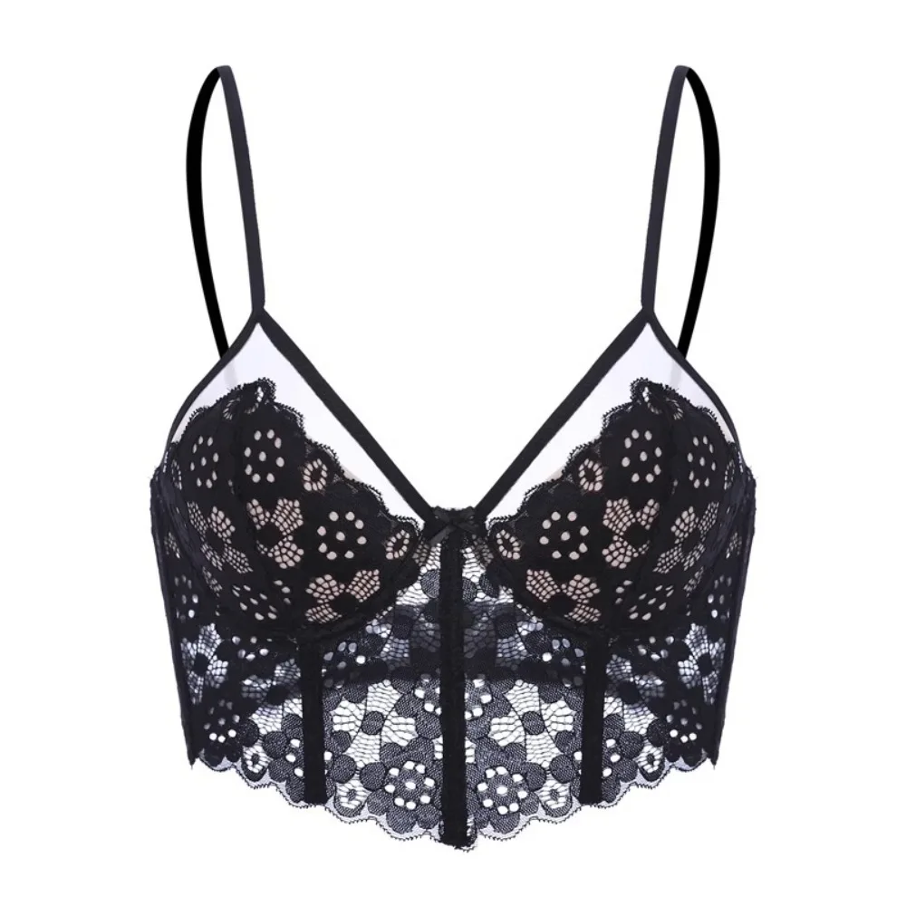 

Sweet Mesh Bow Lace Flower Camisole Transparent Sleeveless Lace Bow Bra Suspender Vest Sweet Slim Crop Tops Ladies