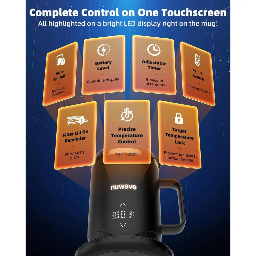 Rechargeable 16oz Smart Heating Coffee Mug with LED, Custom Brew Modes, Double-Wall Insulation, 5-Hour Battery Life, Auto-Off