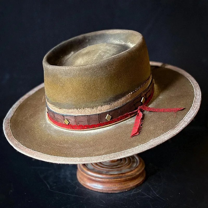 

Fashion Hot Sale Vintage Style Pure Wool Fedora Hat Pork Pie Flat Brim Felt Hats with Ribbon Decoration 100% Wool Caps