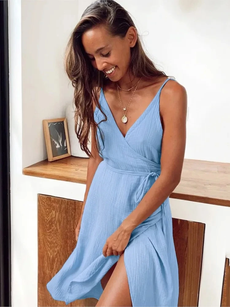 Summer New Women's Sexy V-neck Camisole Nightgown Wrapped In Slit Double Layered Yarn Jumpsuit Pajamas For Home Wear