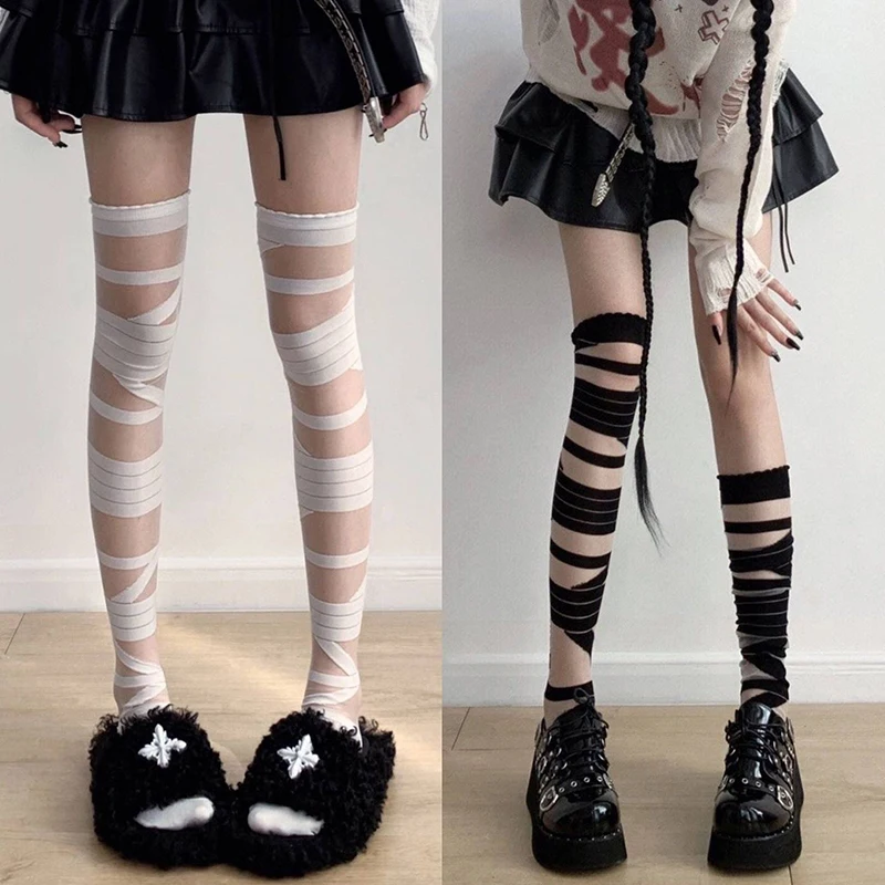 

Ultrathin Women Spicy Girl Bandage Stripe Long Stockings Female Japanese Lolita Jk Y2k Sexy Summer Cross Tube Stockings