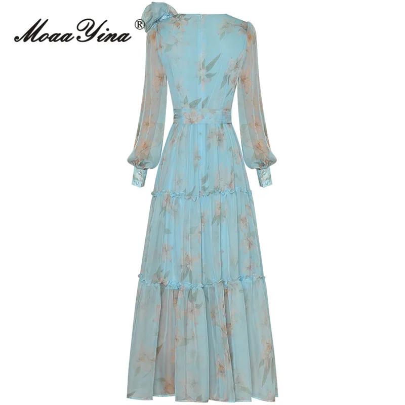 Imagem -02 - Moaayina-vestido Vintage Estampado Floral para Mulheres Manga Lanterna Botão de Apliques Babados Frenulum Vestido Longo Fino Moda Passarela Primavera