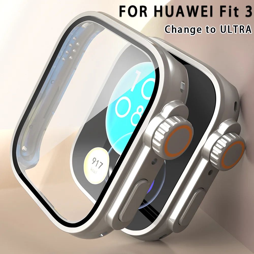 Für huawei watch fit 3 hartes Gehäuse gehärtetes Glas Displays chutz folie Aussehen Upgrade Änderung auf iwatch ultra 1/2 49mm Zubehör