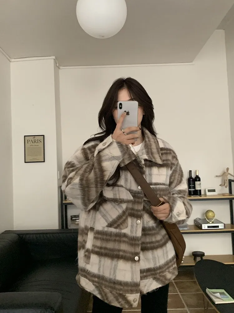 

American Retro Contrast Color Plaid Jaet Loose Men's Cotton Quilted Woolen Coat Trendy Collar Single Button Long Sve