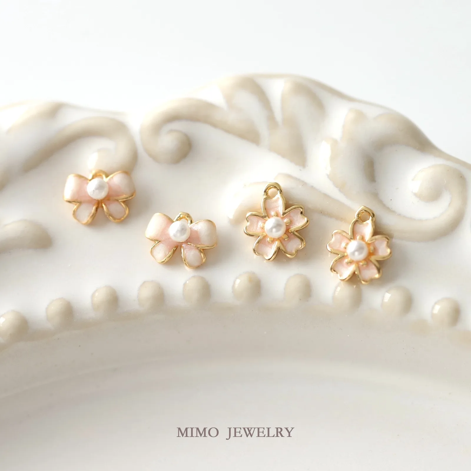 Mini and Compact Imitation Pearl Bow Cherry Blossom Charms Pendant Supplies DIY Hand Brass Gold Plated Accessories