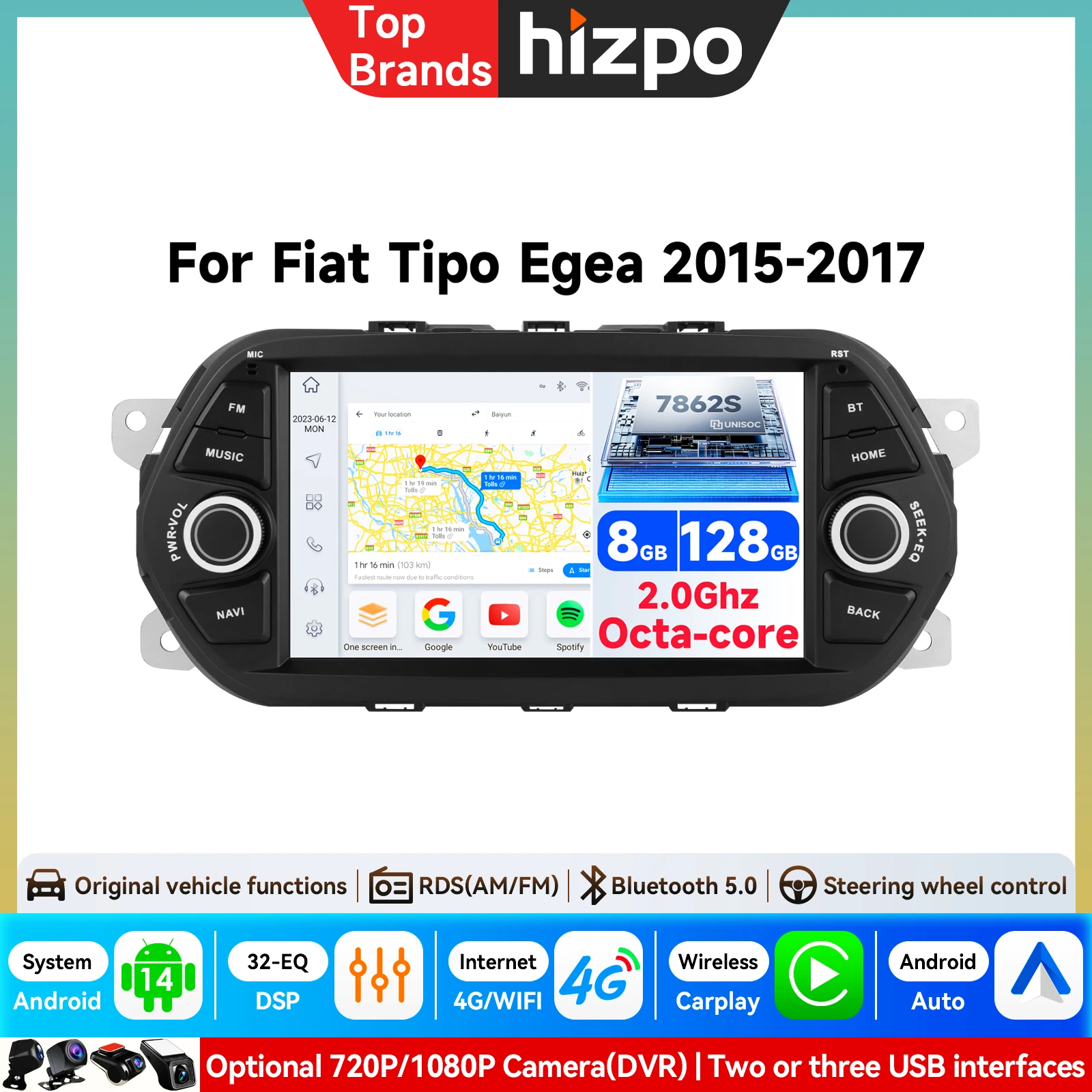 HIZPO Autoradio Android con Schermo QLED da 7 Pollici per Fiat Tipo Egea Dodge Neon 2015-2017, Lettore Multimediale Stereo con GPS 4G CarPlay