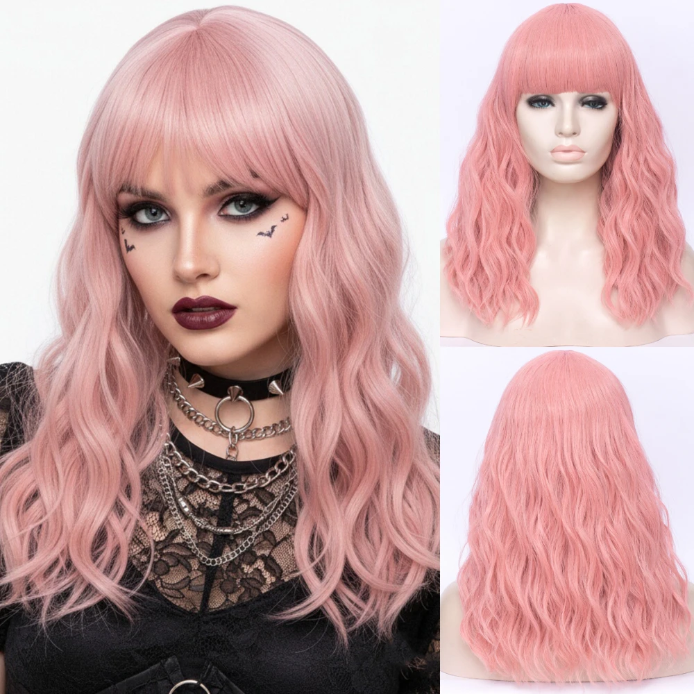 

Волнистый синтетический парик средней длины для женщин, термостойкое волокно с челкой, идеально подходящий для вечеринки в честь Хэллоуина