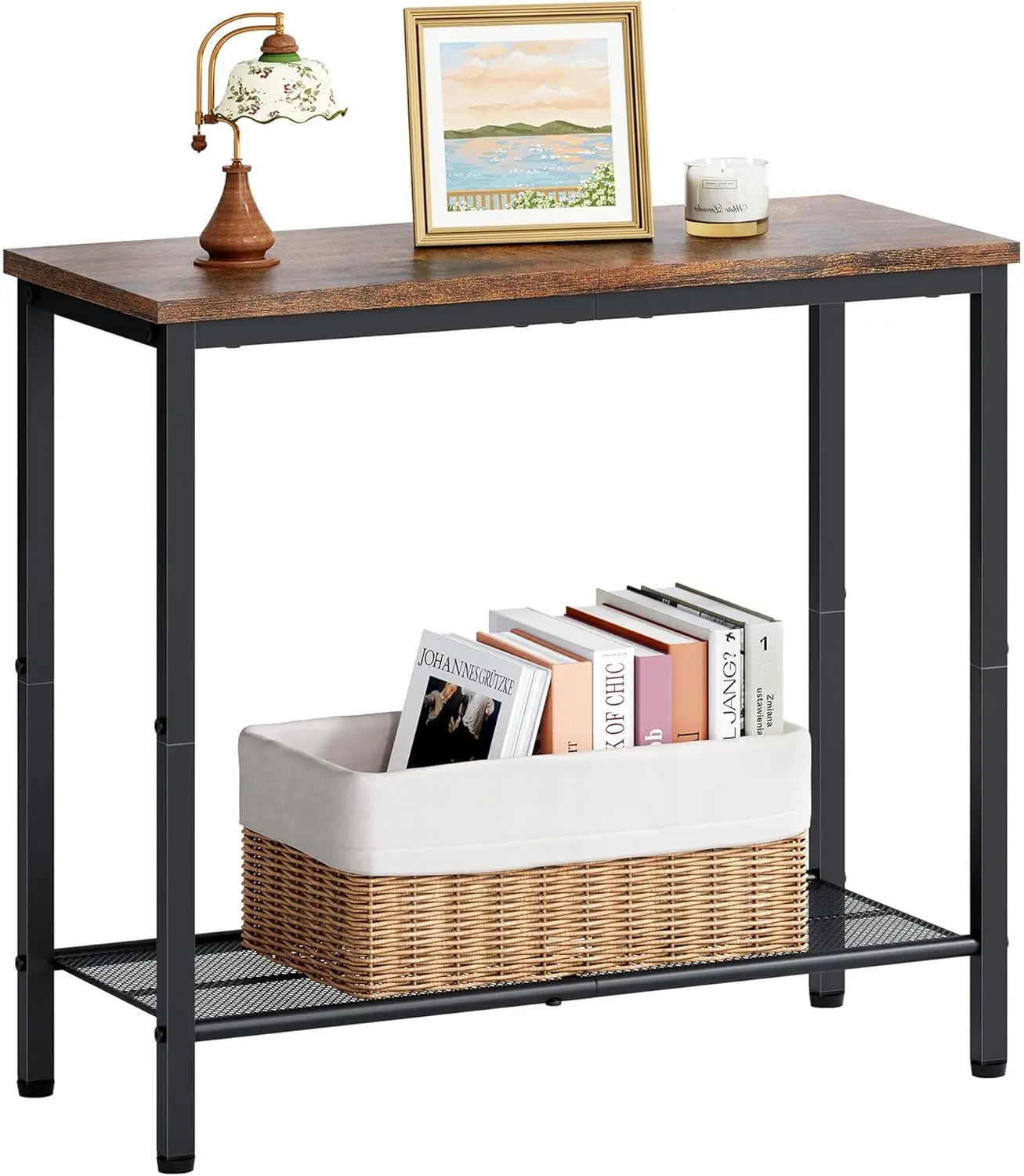 

2-Tier End Table, Slim Storage Side Table with Metal Frame, Rustic Brown, for Living Room, Bedroom, Sofa
