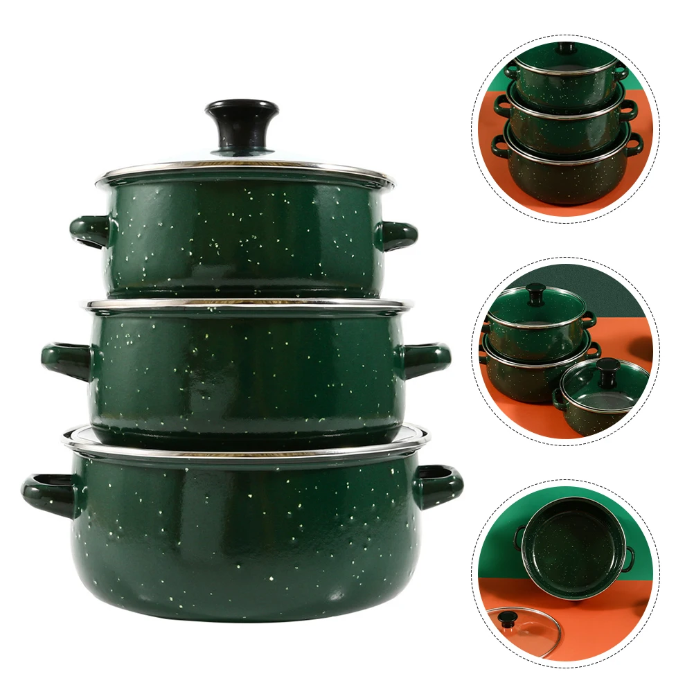 

3pcs Enamel Mini Stew Pot Set Vintage Kitchen Soup Stockpot Double Handle Ramen Flat Bottom Hot Pot For Induction Gas Stove