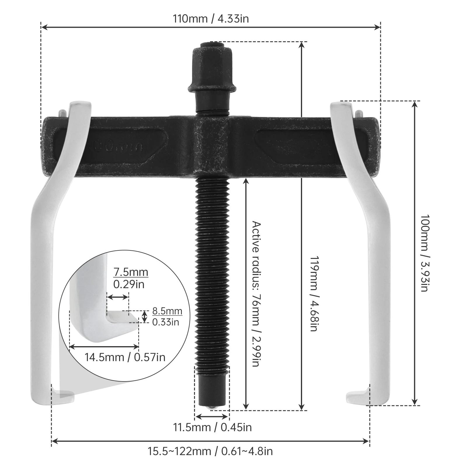 4 inch Chrome Vanadium Gear Puller  Two Claws 100mm Bearing Puller for Removal of Pulleys Flywheels Bearings & Gears