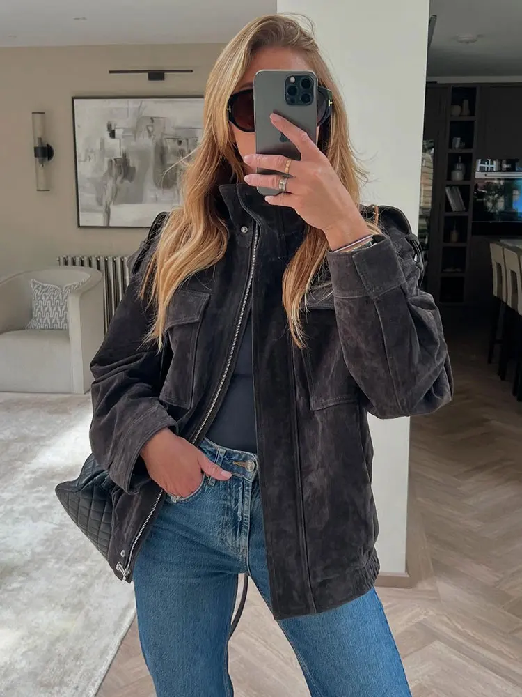 HH Women Autumn Fashion Solid Jackets Lapel Zipper Long Sleeve Jacket 2025 New Woman Streetwear Jacket Vintage Chic Coats
