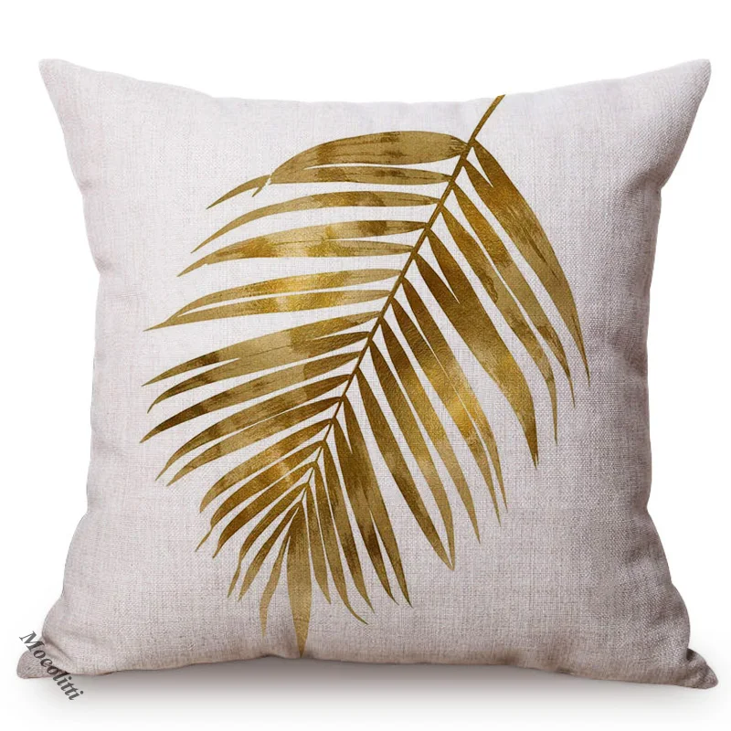 Golden Leaf Style Cotton Linen Cushion Cover Nordic Hand-Painted Leaves Luxury Harmony Home Decor Sofa Chair Pillow Case Cojines