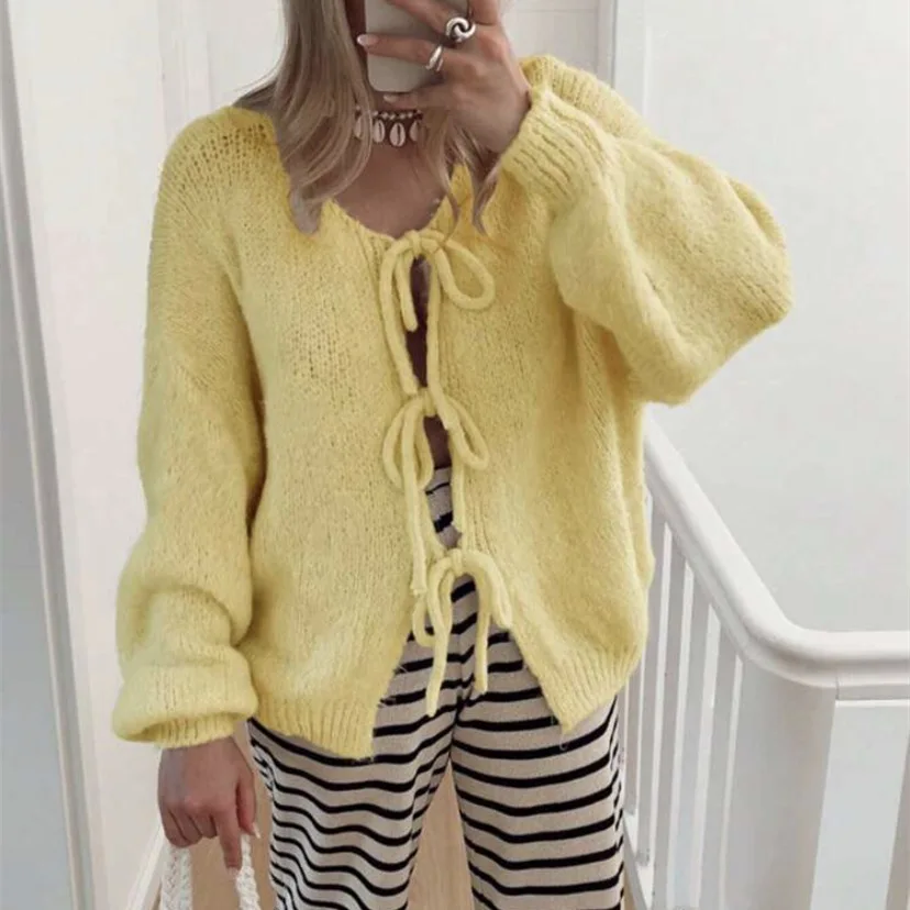 

2025 Autumn Women Lace up Cardigans Sweater Fashion Loose O-neck Long Sleeve Open Stitch Sweater Coat Female Knitting Jacket