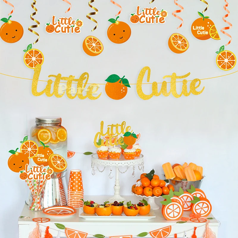 Wenig Cutie Baby Shower Party Dekorationen Orange Decke Spirale Whirl Kuchen Topper Niedlich Obst Cartoon Hintergrund Banner für Kinder