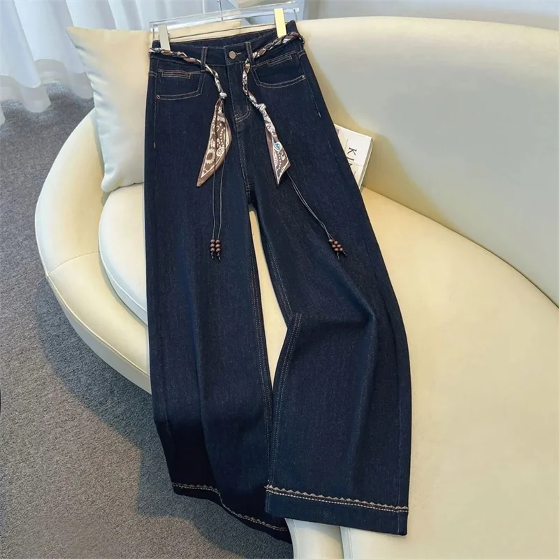 

2025 женские ковбойские брюки большого размера 4xl, корейские женские повседневные джинсовые брюки, осенне-зимние женские широкие джинсы с высокой талией