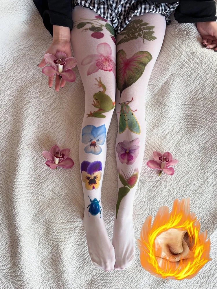 New Fashion Cartoon Printed Y2K Style JK Socks Flower Pattern Pantyhose Retro 2000s Slimming Winter Warmth Artifact Emo Girl