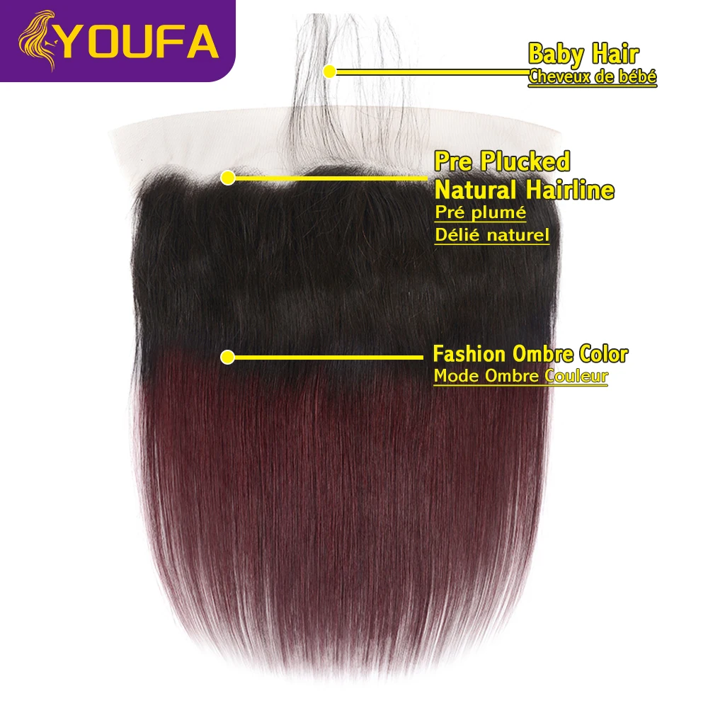 YOUFA 1B Dark Burgundy 4x4 13x4 Lace Closures Pre Plucked Natural Hairline 100% Brazilian Straight Human Hair Swiss Lace Frontal