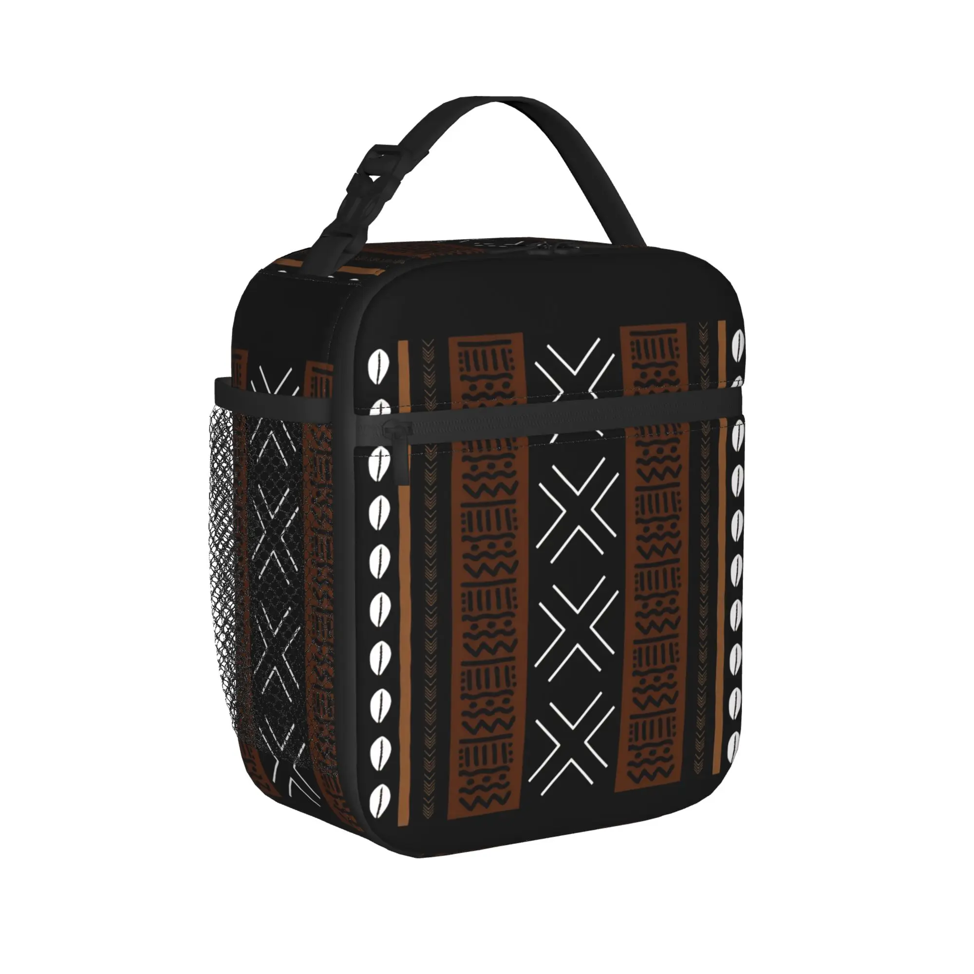African Tribal Bogolan Textile Art Lunch Bag  Travel Lunch Box For Girls Thermal Tote Handbags Waterproof Zipper Cooler Bag