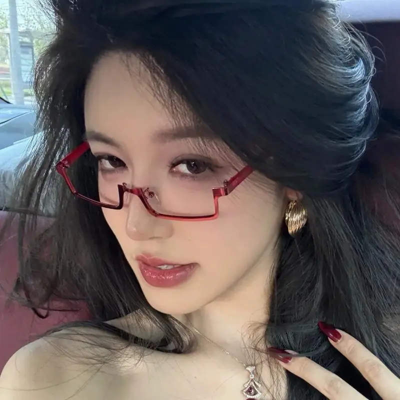 Y2K انمي ياباني نظارات إطار صغير مربع تأثيري الأحمر نصف إطار نظارات لا العدسات موضة المعادن مستطيلة النظارات #4