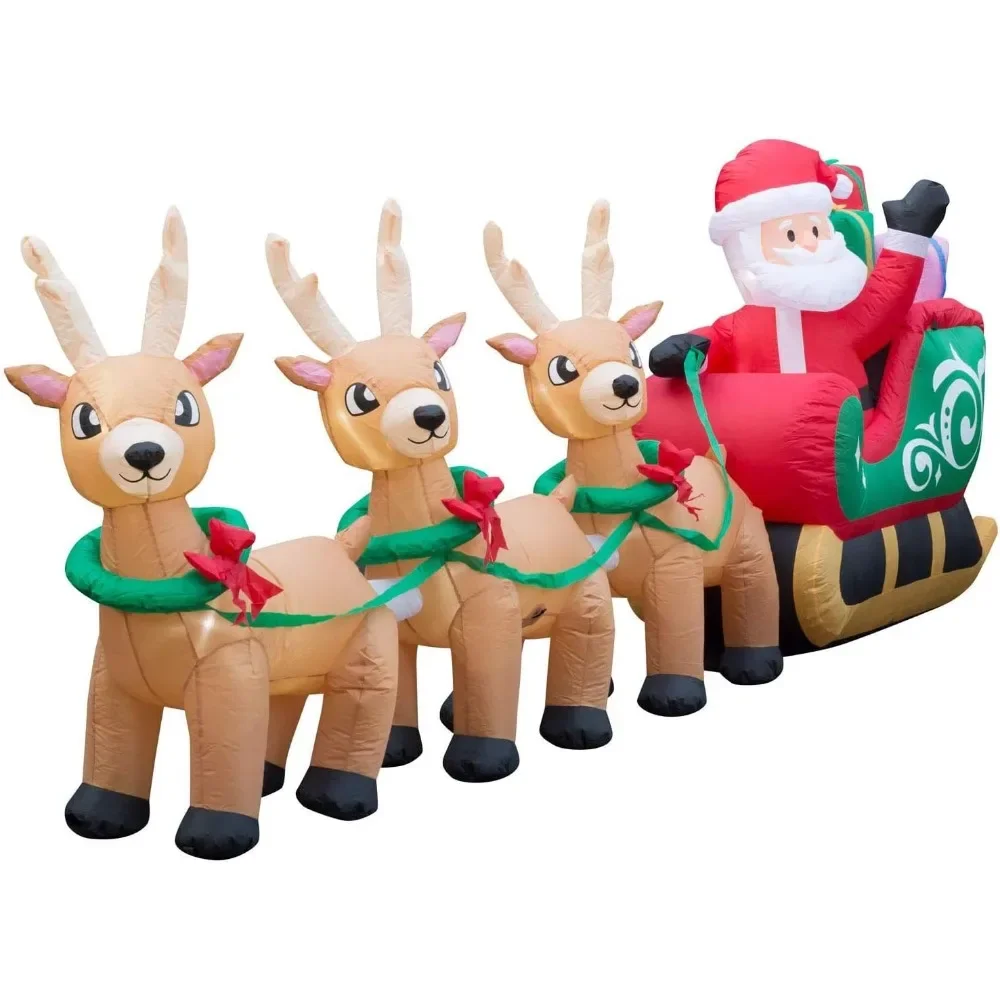 Christmas Inflatable 12 Ft Santa with Reindeer Sleigh Yard Decoration Fan and Included Stakes and Ropes Christmas Inflatable