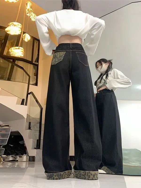 

Широкие джинсы с леопардовым принтом больших размеров, с высокой талией, свободного кроя, в пол, женские, осенние, повседневные брюки