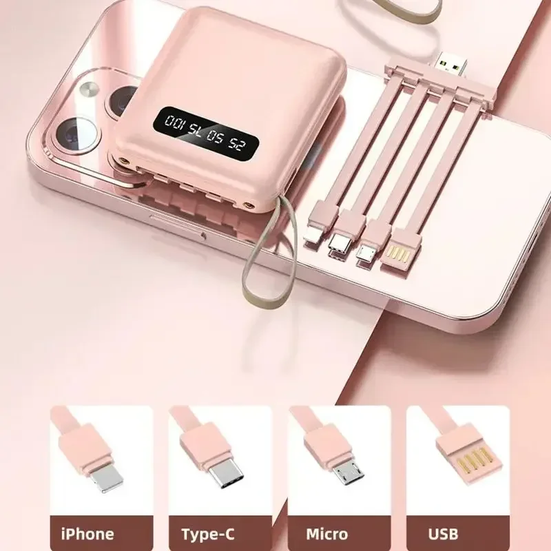 Lenovo 500000mAh Mini Power Bank Built in 4 Cables Portable Fast Charging Digital Display External Battery for IOS/Android  NEW - view 4