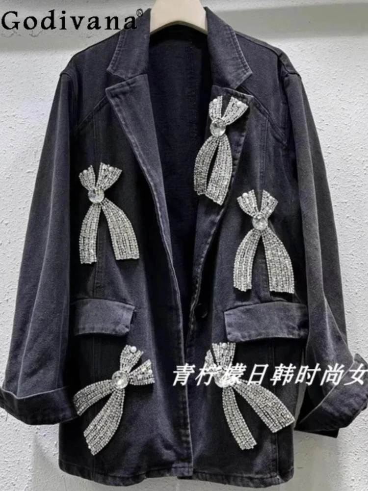 

Европа, осень, тяжелая промышленность, свободная джинсовая куртка с бриллиантами и бабочкой, персонализированный уличный модный топ с отложным воротником и длинными рукавами