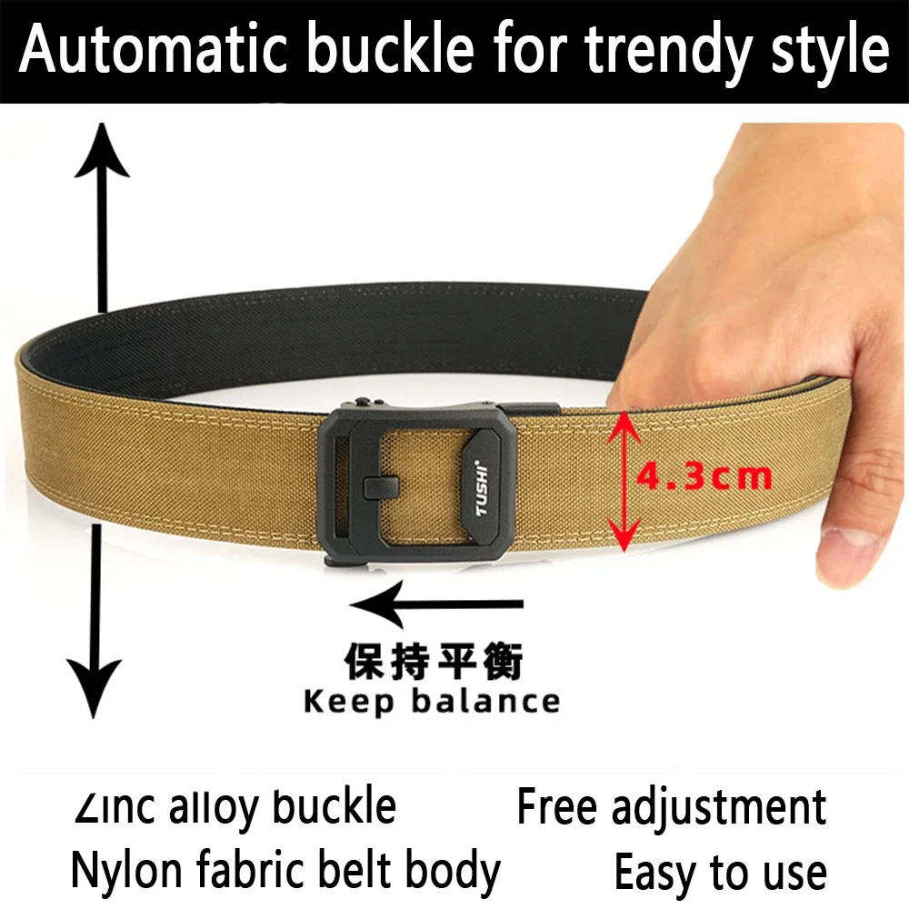 TUSHI Brand 4.3CM Wide Double-layer Reinforced Automatic Buckle Shooting Training Quick Hanging Pistol Mens Belt Nylon Outdoor