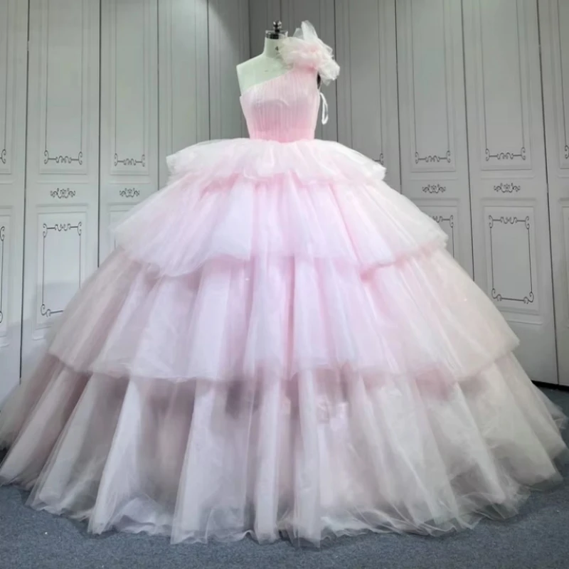 

Pink Quinceanera Dresses One The Shoulder Tiered Tull Bow Party Birthday Sweet 16 Dress Vestidos De 15 Anos