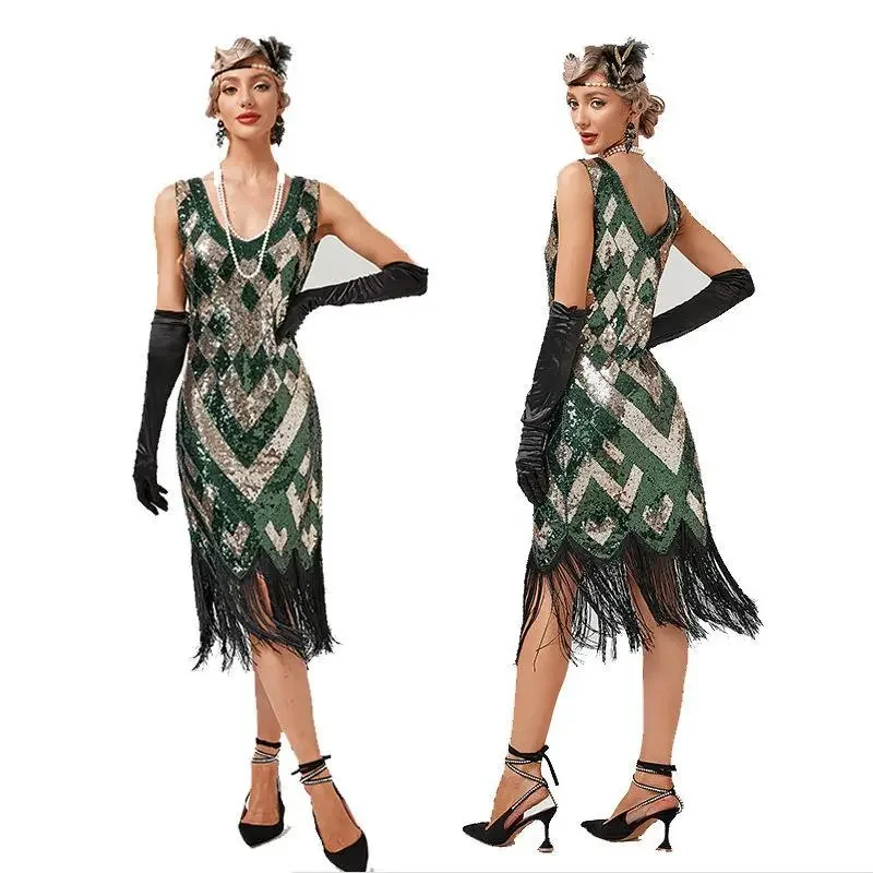 Design Women 1920s Vintage Big V-Neck Flapper Fringe Beaded Great Gatsby Party Cocktail Dress Plus Size S-3XL