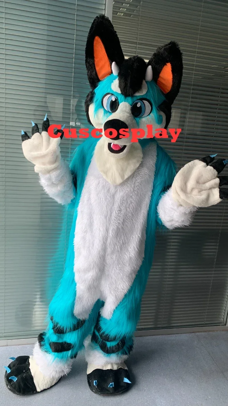 Christmas Blue Long Fur Husky Dog Fox Wolf Fursuit Mascot Costume Suit Cosplay Party Game Fancy Dress Adult Size Apparel