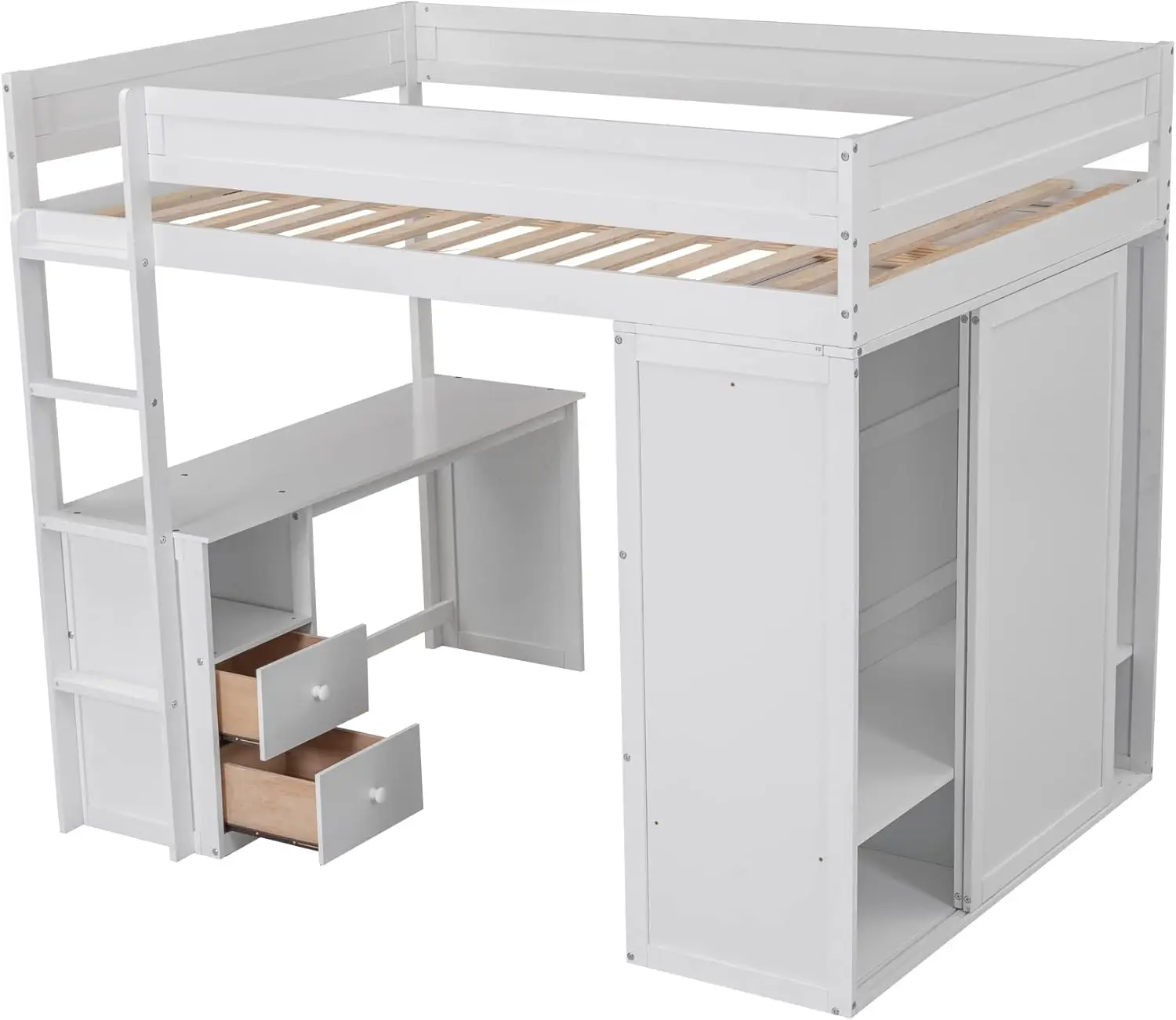 P Purlove Full Size Loft Bed Met Kasten, Houten Loft Bed Frame Met Bureau En 2-Lades Full Size Loft Bed Met Kast