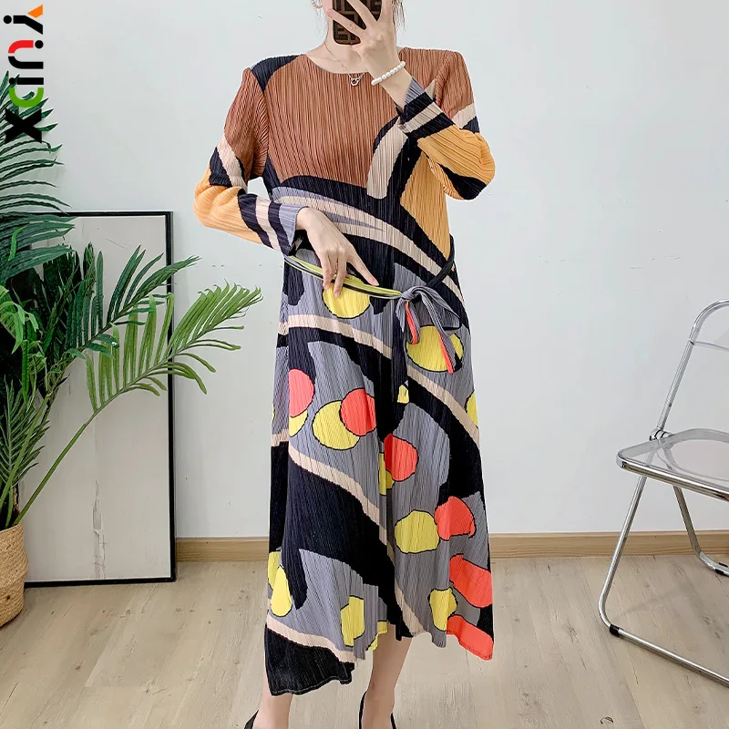 YUDX Pleated Fashion Printed Women's Dress Round Neck Tie Loose Plus Size Design Slim Medium Long Dress 2024 Summer New