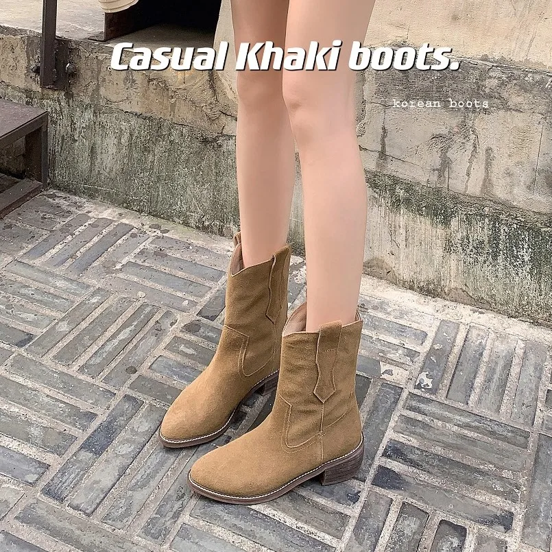 

Western Boots Woman Slip On Ladies Cool Shoes Cow Suede Daily Bota Spring Autumn Cowgirls Cool Boots Med Heel Winter Botas