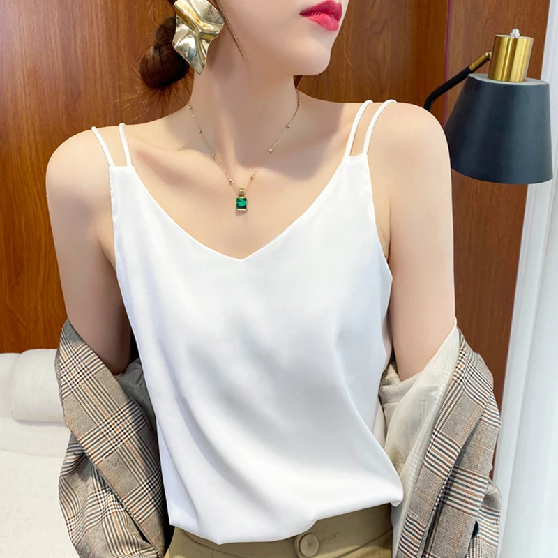Chaleco Csole de seda Traje interior de partido para mujer Blanco Bla Base de satén Top de seda Primavera Verano Pequeño V-ne