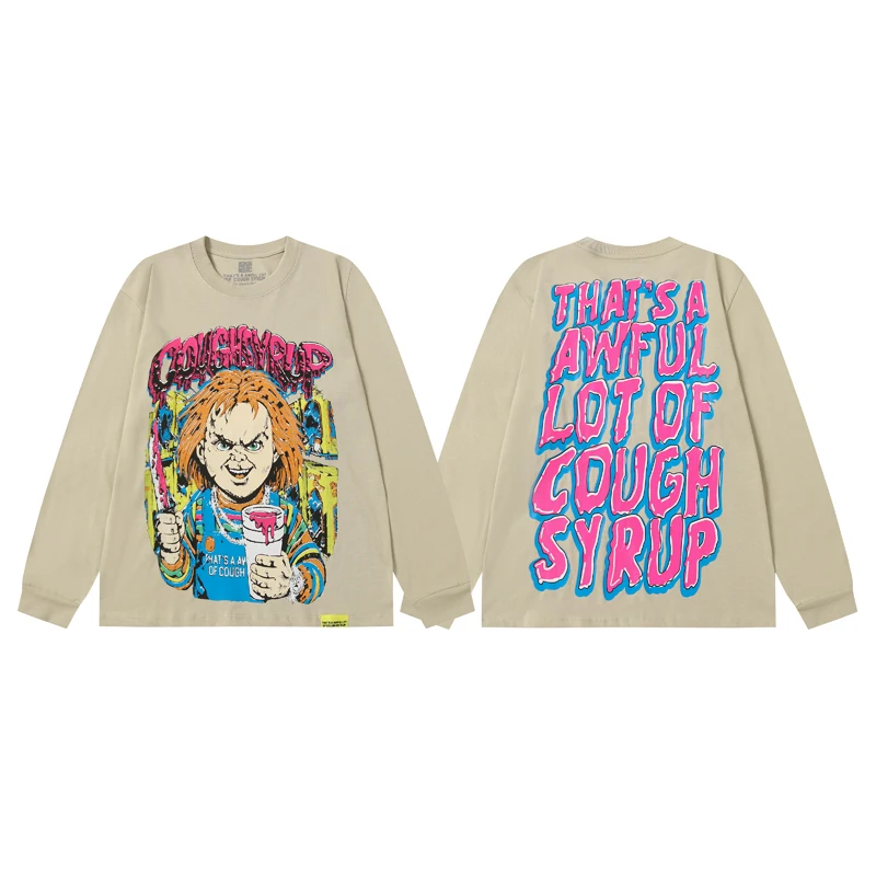 High Street American Style THAT'S A AWFUL LOT OF COUGH SYRUP T-shirts Cartoon Pattern Printed Men Women Loose Long Sleeve Top