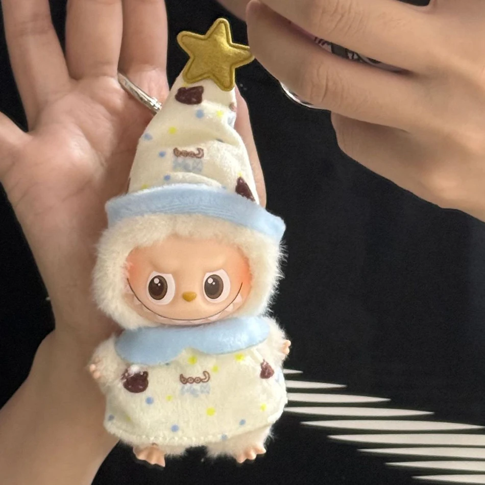 Para labubu 4.0 pinos para série amor mini pijamas roupas dos desenhos animados macacão com chapéu para mini labubu v4 boneca outfit acessórios
